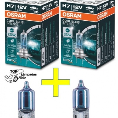 Embalagens de lâmpadas Osram H7 com bulbos azuis e símbolos promocionais