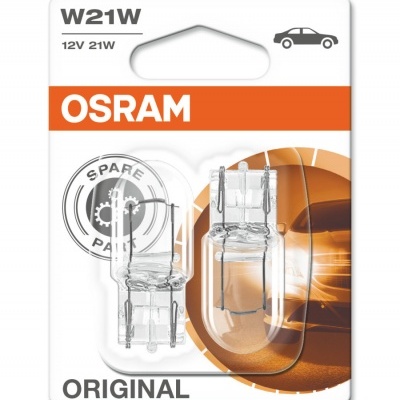 Lâmpadas automóveis OSRAM W21W 12V 21W em embalagem com fundo laranja e preto