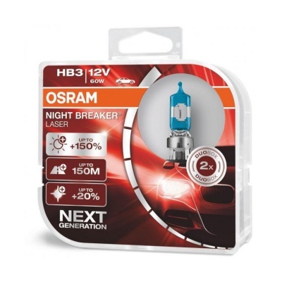 Lâmpada para automóvel OSRAM HB3 Night Breaker Laser 12V 60W em embalagem plástica transparente com etiquetas vermelhas e brancas