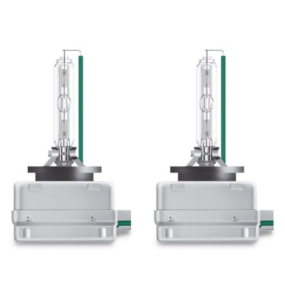 Duas lâmpadas de faróis de automóveis com base metálica e corpo de vidro transparente.