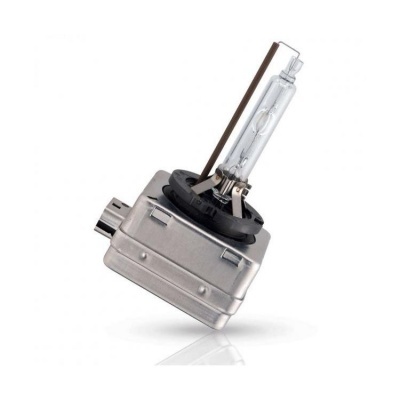 Lâmpada automóvel D1S com estrutura metálica prateada e corpo de vidro transparente.