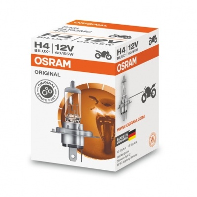 Caixa de lâmpada para motocicleta OSRAM H4 12V 60/55W com embalagem branca e detalhes em laranja e preto