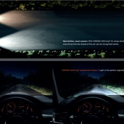 Comparação de feixe de luz de faróis de carro à noite com texto explicativo