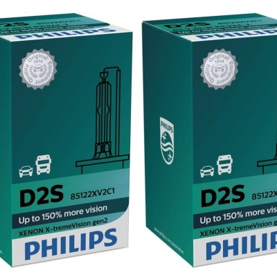 Caixas verdes de lâmpadas automóveis Philips D2S com texto e ilustração de farol