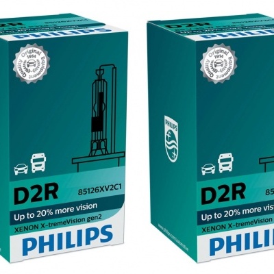 Duas caixas verdes de lâmpadas automóveis Philips D2R com texto e ilustrações de lâmpadas