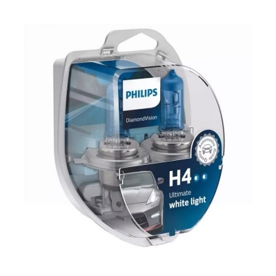 Embalagem plástica transparente com lâmpadas Philips H4 DiamondVision e texto informativo.