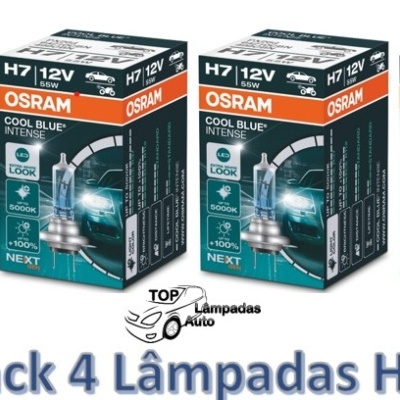 Quatro caixas de lâmpadas OSRAM H7 COOL BLUE INTENSE 12V em fundo branco com texto do pack
