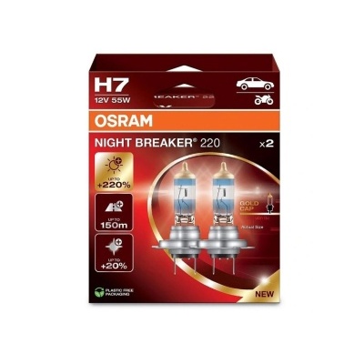 Caixa vermelha e branca com duas lâmpadas OSRAM NIGHT BREAKER 220 H7 12V 55W
