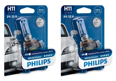 Dupla embalagem de lâmpada automotiva Philips WhiteVision H11 com fundo azul