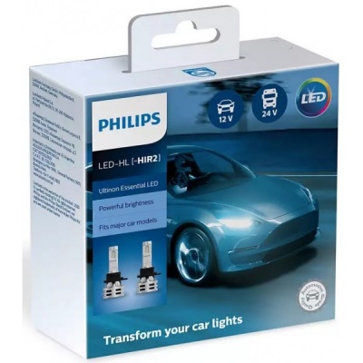 Embalagem Philips LED para iluminação de automóveis com dois bulbos LED e imagem de carro moderno azul