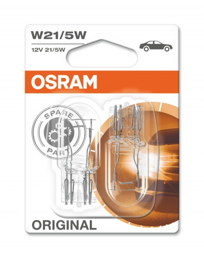 Lâmpada Osram W21/5W original para automóveis em embalagem branca e laranja