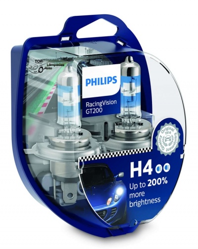 Conjunto lâmpadas automotivas Philips RacingVision GT200 H4 com embalagem azul.