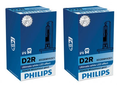 Caixas azuis de lâmpadas Philips D2R com texto e ícones de veículos