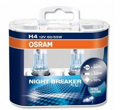 Duas lâmpadas OSRAM H4 NIGHT BREAKER PLUS em embalagem azul e branca com texto e gráficos