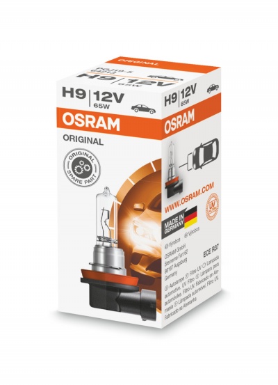 Embalagem lâmpada automóvel OSRAM H9 12V 65W com design branco e laranja