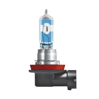 Lâmpada halogénea automóvel, vidro transparente com filamento, base preta e vermelha