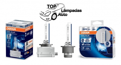 Lâmpadas de farol OSRAM D1S Cool Blue Intense com embalagem azul, branco e laranja