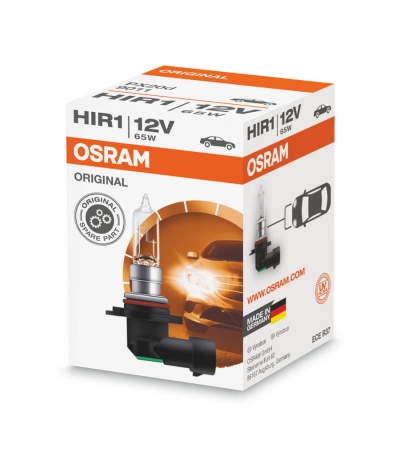 Embalagem da lâmpada automóvel OSRAM HIR1 12V 65W com imagem da lâmpada e carro