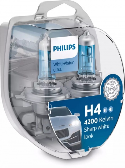 Conjunto de lâmpadas automóveis Philips WhiteVision ultra H4 em embalagem transparente
