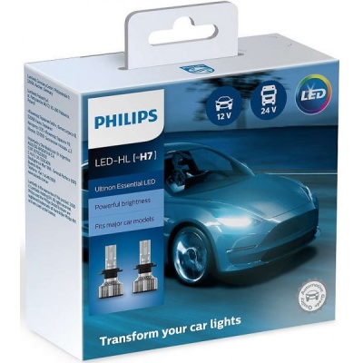 Embalagem de lâmpadas LED para automóvel PHILIPS com imagem de carro azul.