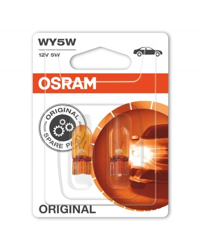 Embalagem de lâmpadas OSRAM WY5W 12V 5W para carro com duas unidades e imagem de carro no fundo