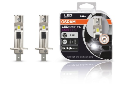 Lâmpadas LED OSRAM LEDriving HL EASY tipo H1 com embalagem e gráfico de farol e roda