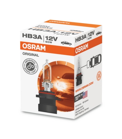 Embalagem de lâmpada automóvel Osram HB3A 12V 60W com imagem da lâmpada e textos
