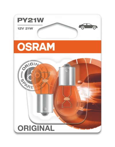 Duas lâmpadas laranja para carro em embalagem OSRAM PY21W 12V 21W