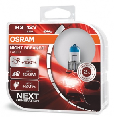 Pacote de lâmpadas Osram Night Breaker Laser H3 12V 55W, embalagem vermelha e branca com duas lâmpadas visíveis