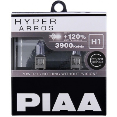 Pack de lâmpadas H1 PIAA Hyper Arros preto e branco com texto