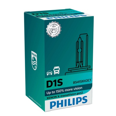 Caixa verde e azul de lâmpada automóvel Philips D1S com texto promocional e selo de originalidade