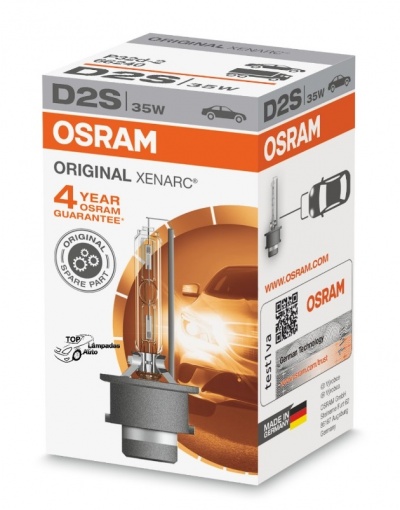 Caixa branca de lâmpada OSRAM D2S 35W com texto e imagens de produto e carro