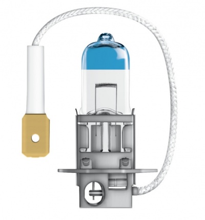 Lâmpada halogénea com corpo de vidro transparente, base metálica e fio branco.