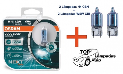 Embalagem lâmpadas OSRAM Cool Blue Intense H4 12V 60 55W e lâmpadas adicionais
