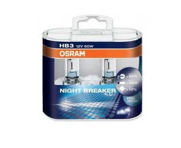 Lâmpadas OSRAM HB3 Night Breaker em embalagem azul e laranja