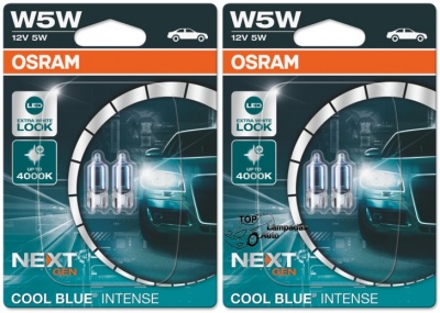 Lâmpadas automóveis W5W OSRAM 12V 5W packaging azul e preto com imagem de carro