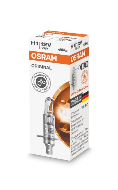 Embalagem da lâmpada Osram Original H1 12V 55W com detalhes e selo original