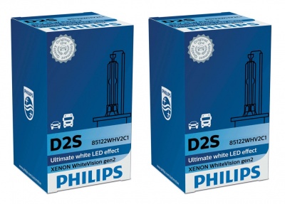 Duas caixas azuis do produto Philips D2S Ultimate white LED effect Xenon WhiteVision gen2