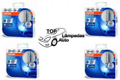 quatro embalagens de lâmpadas automotivas OSRAM e logotipo de loja ao centro