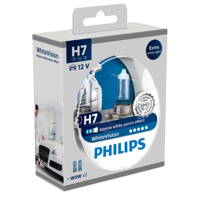 Caixa de lâmpadas automotivas Philips H7 WhiteVision 12V com efeito xenon branco intenso