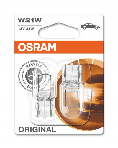Lâmpadas automóveis OSRAM W21W 12V 21W em embalagem com fundo laranja e preto
