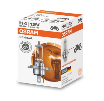 Caixa de lâmpada para motocicleta OSRAM H4 12V 60/55W com embalagem branca e detalhes em laranja e preto