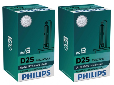 Caixas verdes de lâmpadas automóveis Philips D2S com texto e ilustração de farol