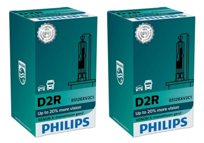 Duas caixas verdes de lâmpadas automóveis Philips D2R com texto e ilustrações de lâmpadas