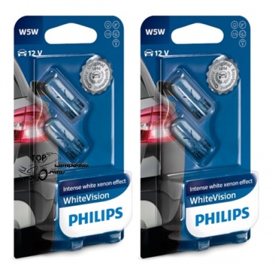 Embalagens de lâmpadas Philips W5W 12V WhiteVision com efeito xenon branco