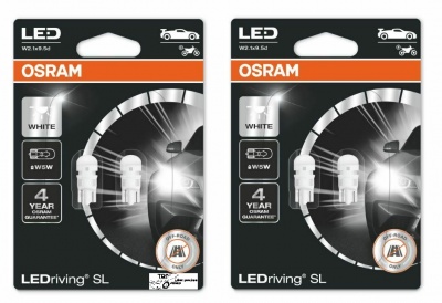 Duas embalagens de lâmpadas LED OSRAM LEDriving SL para automóvel, cor branca, com garantia de 4 anos.