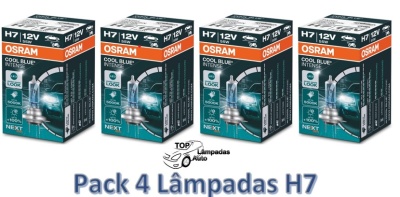 Quatro caixas de lâmpadas OSRAM H7 COOL BLUE INTENSE 12V em fundo branco com texto do pack