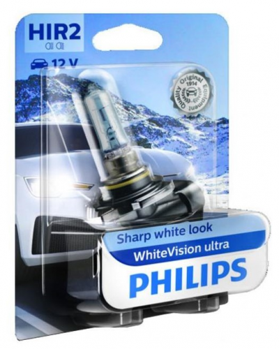 Lâmpada automóvel Philips HIR2 12 V WhiteVision ultra em embalagem com cartão azul e imagem de carro