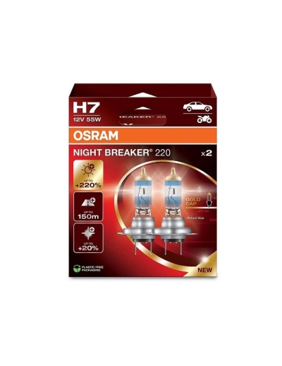 Caixa vermelha e branca com duas lâmpadas OSRAM NIGHT BREAKER 220 H7 12V 55W