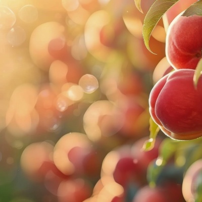 Pêssegos vermelhos em ramos com folhas verdes ao pôr do sol